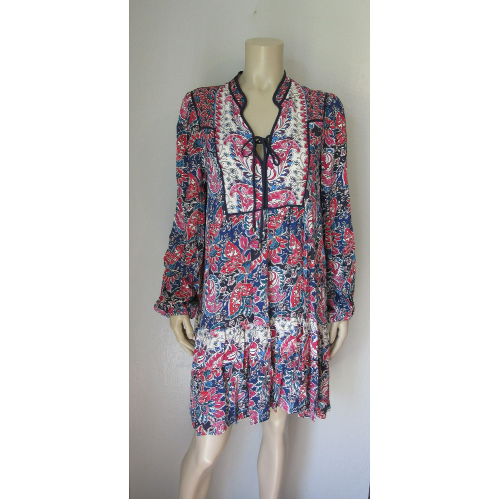 ANTHROPOLOGIE Blue Motif Long Sleeve Large V-Neck Tie Closure Short NWT Dress